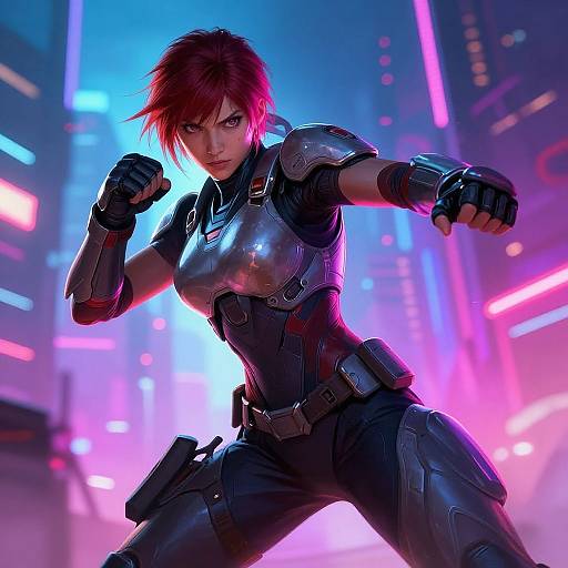 Digital illustration of a fierce red-haired woman in futuristic armor, fists raised, in a neon-lit cityscape, glowing pink and blue lights. Cyber