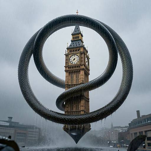 Photograph of Big Ben clock tower surrounded by a large, black, serpentine sculpture with water droplets against a cloudy sky.