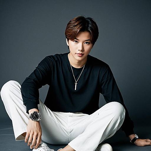 Casual Korean Male Fashion Sitting Pose