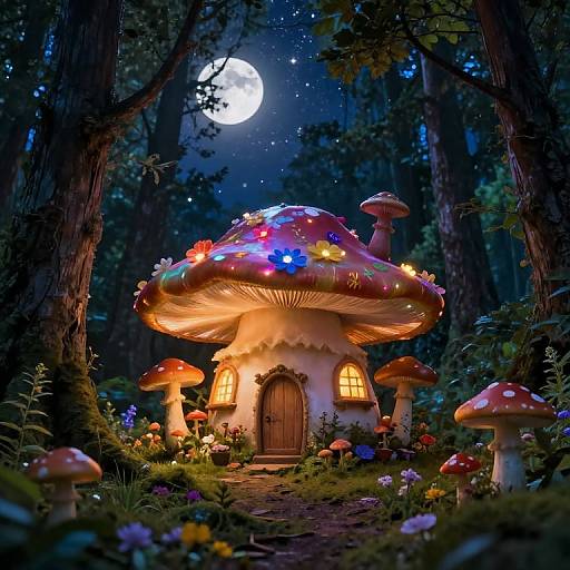 Whimsical digital painting of a glowing, fairy-tale mushroom house in a moonlit forest, surrounded by colorful lights and oversized mushrooms.