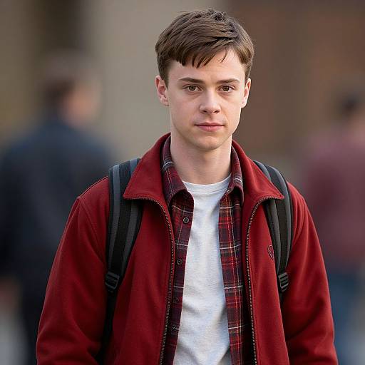 Photograph of a young white man with short brown hair, wearing a red plaid shirt over a white t-shirt, black backpack, and standing outdoors
