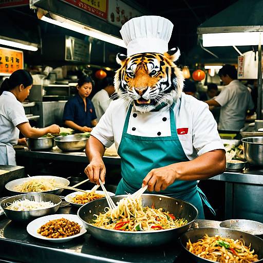 Tiger Chef Preparing Pad Thai