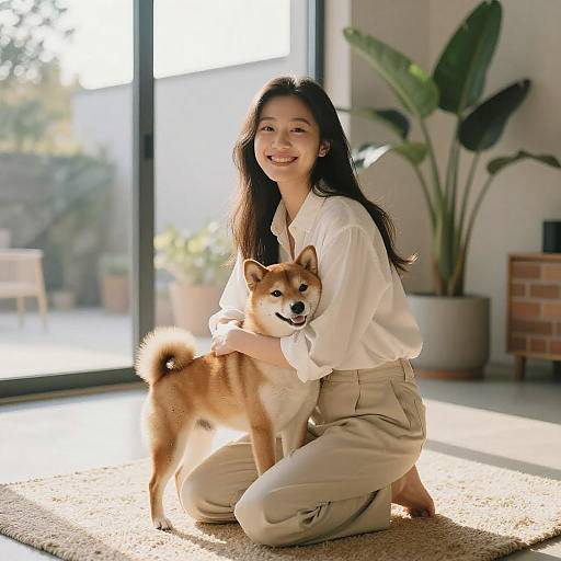 Young Woman Hugging Shiba Inu Dog Indoors