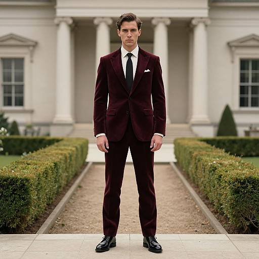 Photograph of a serious, handsome man in a dark burgundy suit, white shirt, black tie, standing in front of a grand white colonial mansion