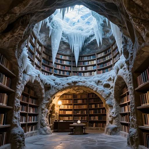 Photograph of an icy, cave-like library with arches, icicles, and bookshelves. Warm light illuminates the center, contrasting with