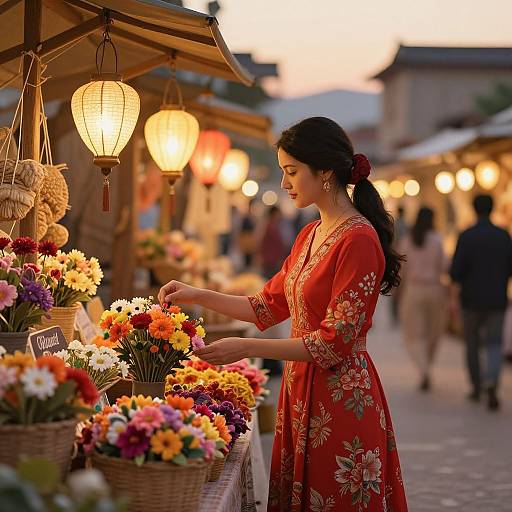 Photograph of an Asian woman in a red floral dress, selecting colorful flowers at a lantern-lit evening market stall.
