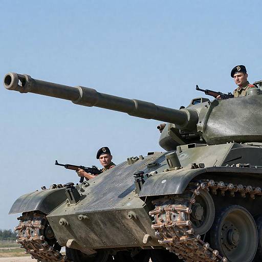 Soldiers on Tank Under Clear Blue Sky