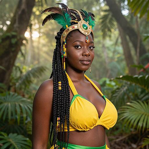 Photograph of a dark-skinned woman in a vibrant yellow and green bikini, adorned with black braided hair, green and gold headpiece, standing