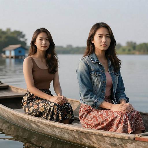 Photograph of two Asian women in a wooden boat on a calm lake; one in brown tank top and floral skirt, the other in denim jacket and