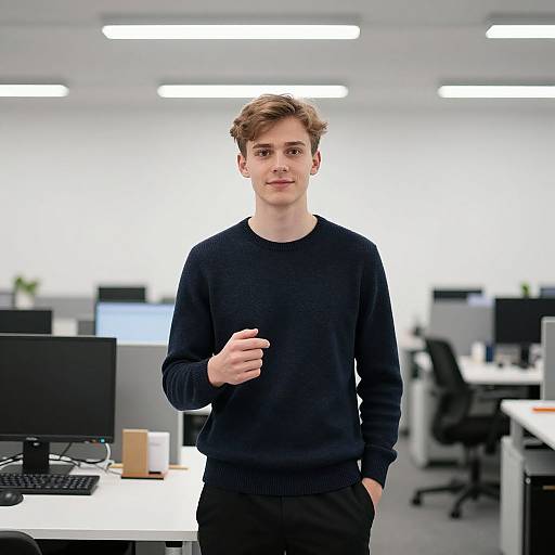 Photograph of a young, fair-skinned man with short, light brown hair, wearing a black sweater, standing in a bright, modern office with