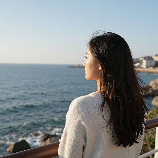 Photograph of an Asian woman with long black hair, wearing a white sweater, gazing at a sunny ocean view from a balcony.