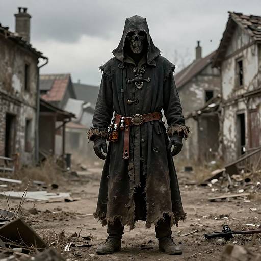 Photograph of a grim, hooded figure in tattered dark cloak, skull mask, brown belt, standing in a ruined, abandoned street.