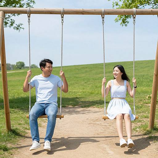 Photograph of a smiling couple on a wooden swing set in a sunny, grassy park; man in white t-shirt, blue jeans; woman in