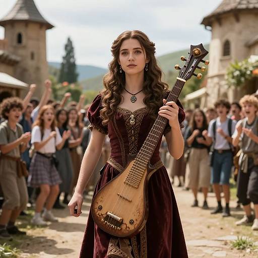 Photograph-style CGI of a young woman with long brown hair, wearing a medieval-style maroon dress, holding a vintage electric guitar, walking through a