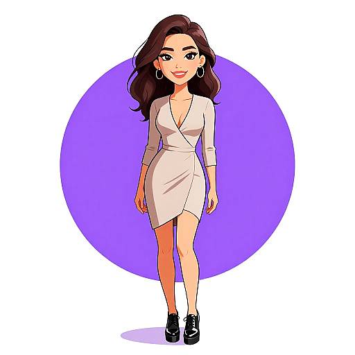 Digital cartoon of a confident woman with long brown hair, wearing a white, V-neck, long-sleeve dress, black heels, and earrings,
