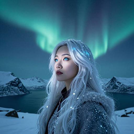 Photograph of a white-haired woman with glowing blue eyes, wearing a sparkly coat, standing in a snowy landscape with northern lights.