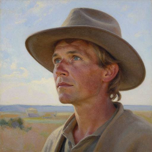Realistic oil painting of a fair-skinned man with blue eyes, wearing a brown hat and shirt, gazing into a sunny, open landscape.