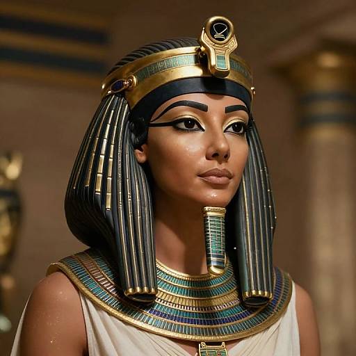 Photorealistic digital artwork of an ancient Egyptian queen with dark blue-black bobbed hair, gold and turquoise headpiece, and matching necklace, wearing a