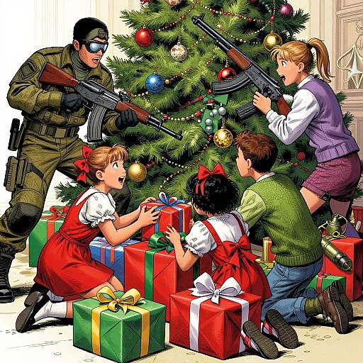 Digital artwork of four children in red dresses and a masked soldier with a rifle under a decorated Christmas tree, surrounded by colorful gifts.