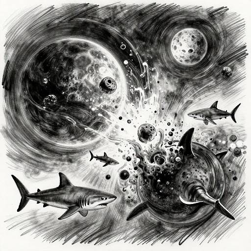 Black-and-white digital drawing of four sharks swimming in a swirling, cosmic ocean with moons, planets, and bubbles. Dynamic, high-contrast.