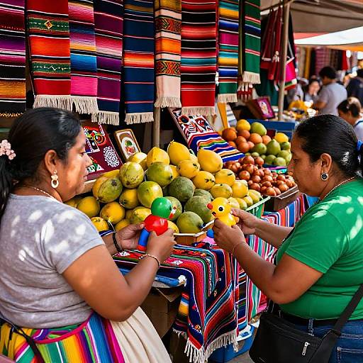 Photograph of two Hispanic women in colorful market stalls, one wearing a gray shirt and white skirt, the other a green shirt, both selecting fruit and