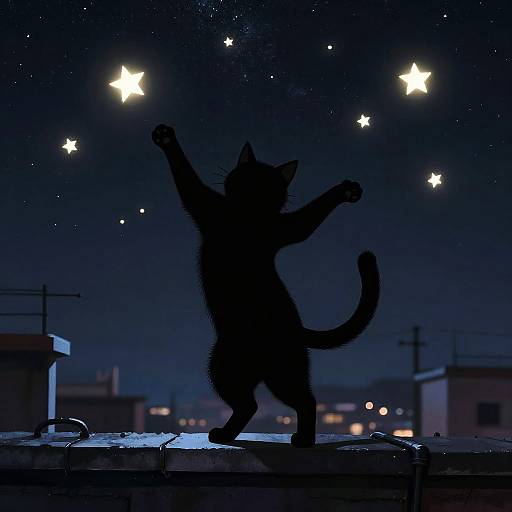 Dancing Black Cat Silhouette Under Starry Night