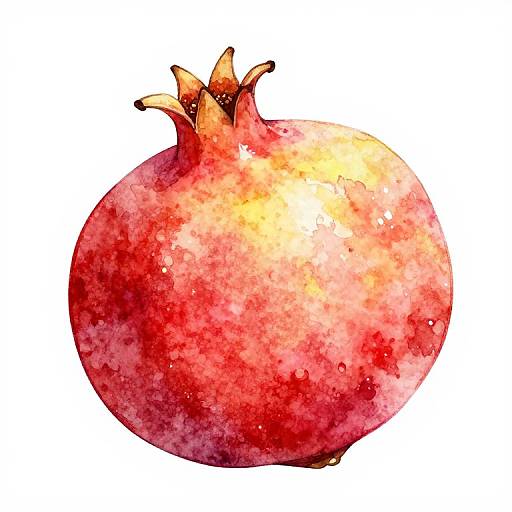 Watercolor illustration of a vibrant red pomegranate with a textured, speckled surface and a small, crown-like top against a white background