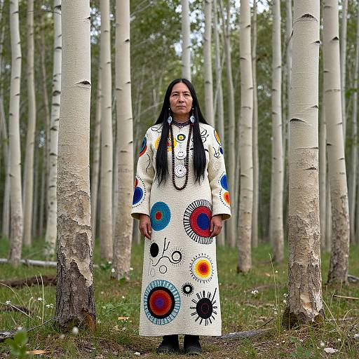 Photograph of an indigenous woman with long black hair, wearing a white traditional dress with colorful circular patterns, standing in a birch forest.