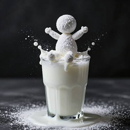 Photograph of a white, powdered figure splashing into a glass of milk, with milk droplets and powder scattered around. Dark background emphasizes the bright