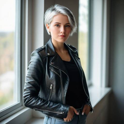 Young Woman with Silver Hair in Leather Jacket by Window