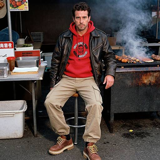 Photograph of a bearded man in a red hoodie and black leather jacket, sitting at a food stall with smoking barbecue.