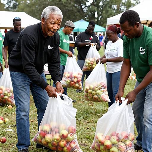 Photograph of elderly Black man with gray hair, wearing black long-sleeve shirt and jeans, smiling while carrying white bags of apples at outdoor apple