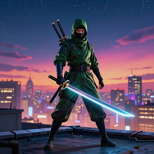 Digital art of a hooded ninja with glowing blue sword, holding two sheathed swords, standing on rooftop at sunset with cityscape.