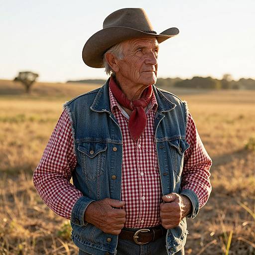 Photograph of an elderly white man in a cowboy hat, red checkered shirt, denim vest, and jeans, standing in a sunlit, golden