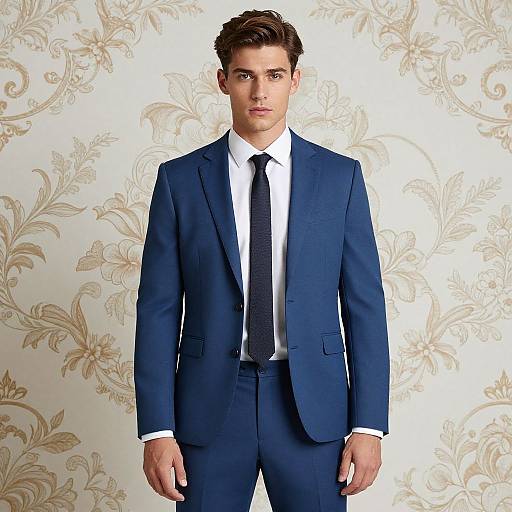 Photograph of a handsome young man with short brown hair, wearing a dark blue suit, white shirt, and black tie, standing against a floral-pattern