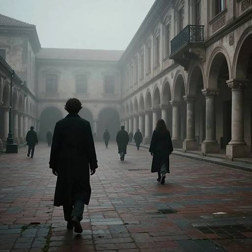 Photograph of a misty, historic courtyard with silhouetted figures walking under arches, featuring stone columns and a red-tiled floor.