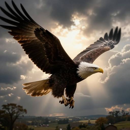 Photograph of a majestic bald eagle soaring with outstretched wings against a dramatic, cloudy sky with sunlight breaking through.