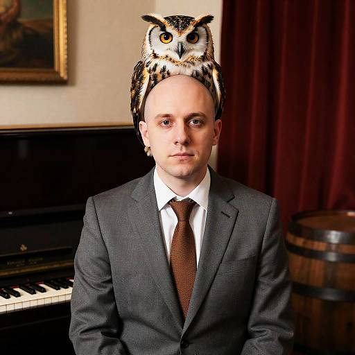 Bald Man in Suit with Owl Hat