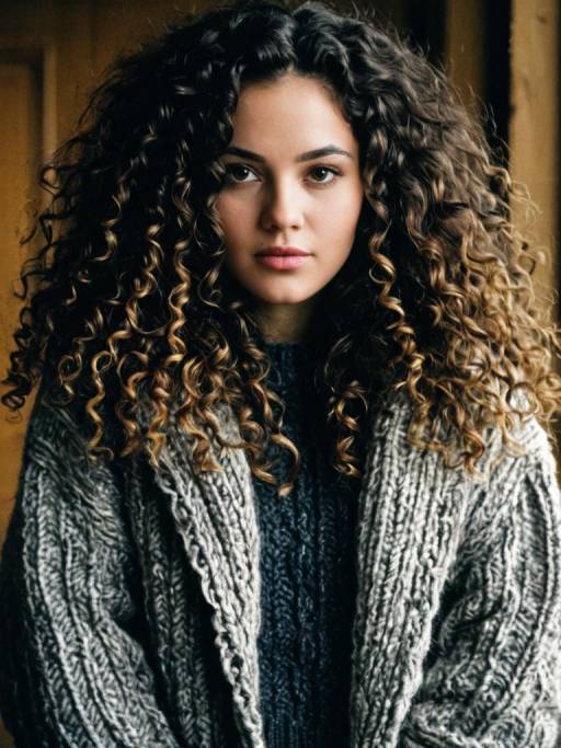 Woman with Curly Hair in Chunky Knit Sweater and Jacket