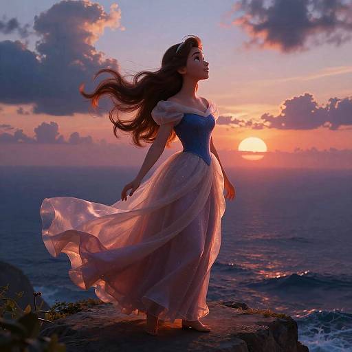Photograph of a young woman in a flowing, translucent dress, standing on a rocky cliff, windblown hair, sunset over ocean.