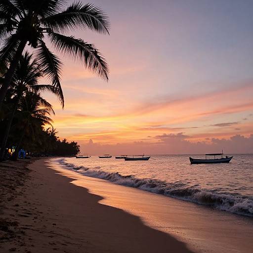 Photograph of a tranquil beach at sunset, with silhouetted palm trees, calm waves, small boats on the water, and a vibrant orange