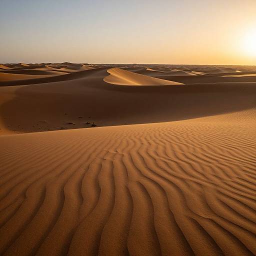 Photograph of a vast desert landscape at sunset, featuring rippled sand dunes in warm orange hues, with a bright golden sun setting on the horizon