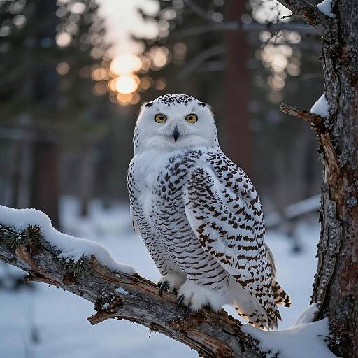 Twilight Snowy Owl in Natural Woodland