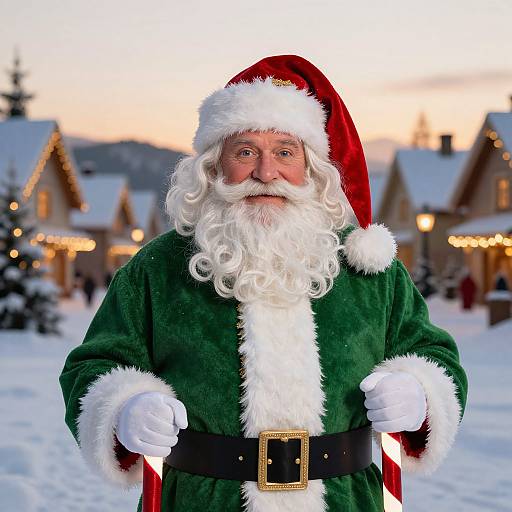 Photograph of a Santa Claus with a white beard, green velvet coat, white fur trim, and black belt, standing in a snowy village at sunset
