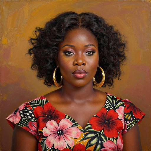 Photograph of a beautiful dark-skinned woman with curly black hair, wearing a vibrant floral dress with red and pink flowers, large gold hoop earrings,