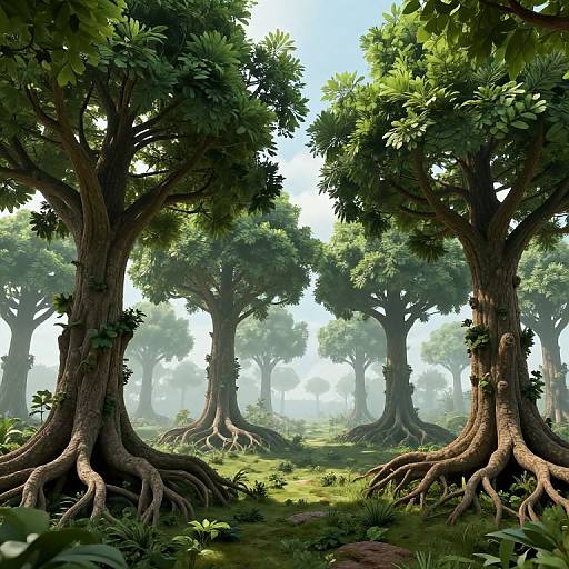 Photorealistic digital artwork of a dense, sunlit forest with tall, thick-trunked trees, vibrant green leaves, exposed roots, and mist