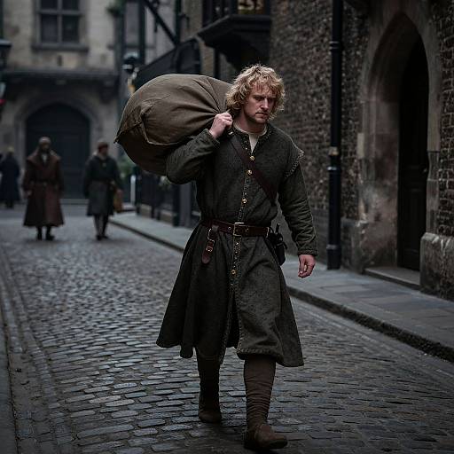 Photograph of a rugged, blonde-haired man in medieval attire carrying a large sack on his shoulder, walking down a cobblestone street in a dim