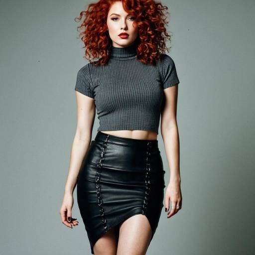 Red-haired woman in gray crop top and leather skirt