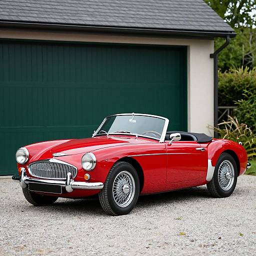 Photograph of a vibrant red classic convertible car with chrome accents and white top, parked on gravel in front of a green garage with a gray roof.
