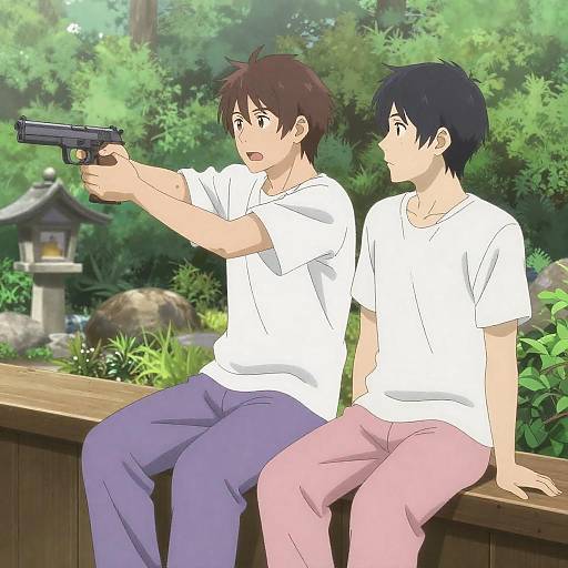 Anime Duo in a Forest Balcony Scene